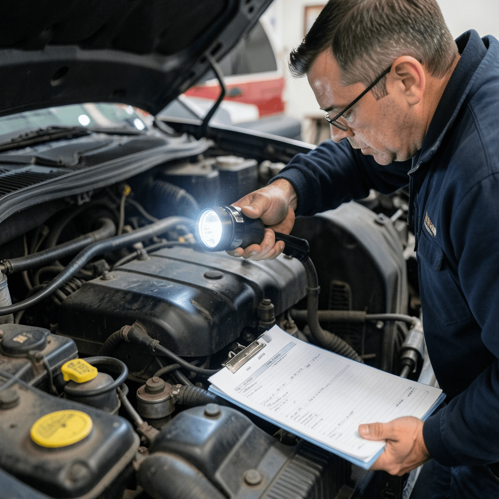 Mecánico revisando el motor de un vehículo industrial para verificar su mantenimiento
