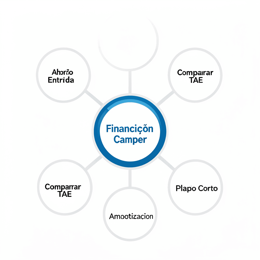 Clean modern diagram showing a central hub labeled ‘Financiación Camper’ connected to 4 nodes labeled ‘Ahorro Entrada’, ‘Comparar TAE’, ‘Plazo Corto’ and ‘Amortización’, minimal flat design, white background, professional corporate style Diagrama con consejos para financiar una camper sin pagar de más y optimizar el crédito