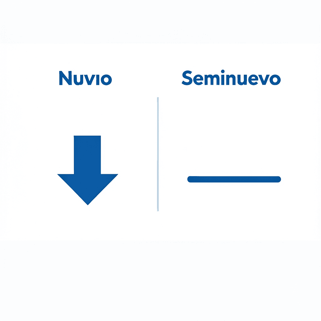 Clean comparison graphic with 2 columns labeled ‘Nuevo’ and ‘Seminuevo’, showing a downward arrow for depreciation in the ‘Nuevo’ column and a stable line in the ‘Seminuevo’ column, modern flat design, blue and white color scheme, professional corporate style Gráfico comparativo sobre por qué un turismo seminuevo puede ser mejor que uno nuevo en términos de depreciación