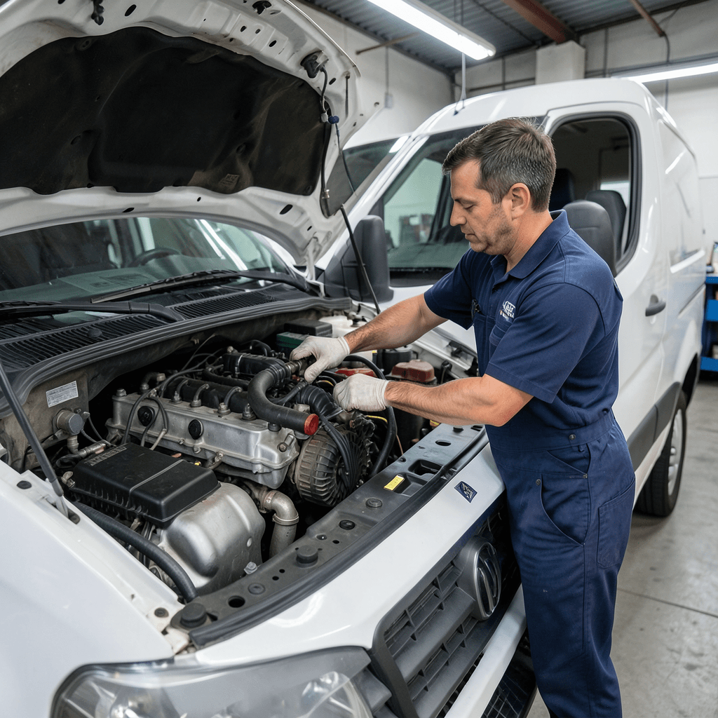 Mecánico revisando el motor para saber qué revisar antes de probar una furgoneta de ocasión