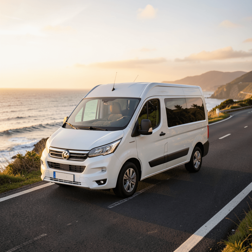 Camper van blanca en carretera costera, ejemplo de campers ideales para conductores primerizos en viajes