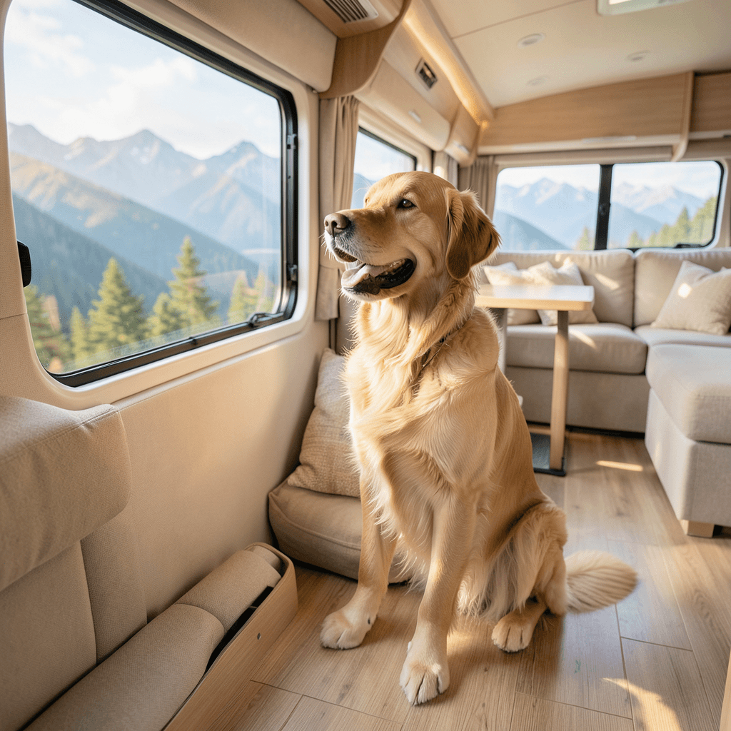 Perro Golden Retriever descansando en una de las autocaravanas recomendadas para viajar con mascotas